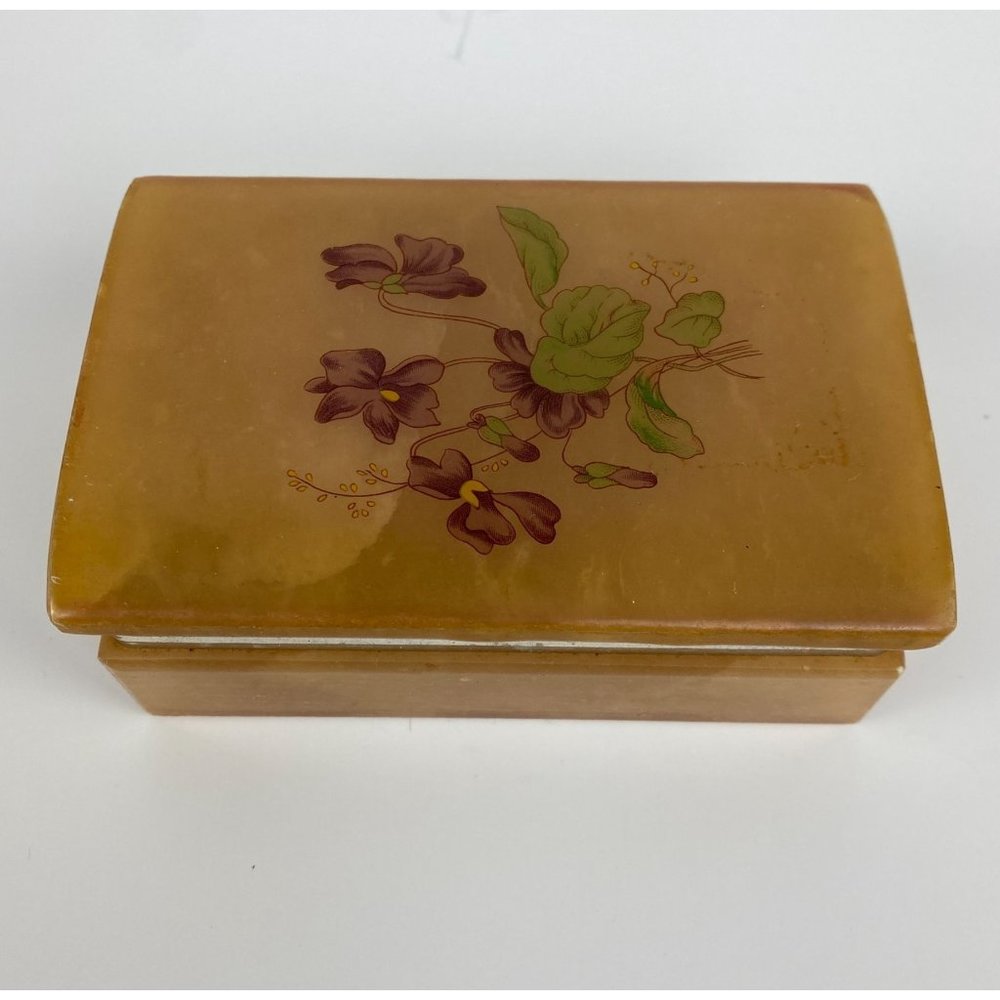 Vintage Alabaster Hinged Jewelry Trinket Box Flowers Made In Italy